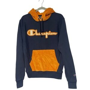 Champion Navy Orange Corduroy Pocket Hooded Sweatshirt Men's Small